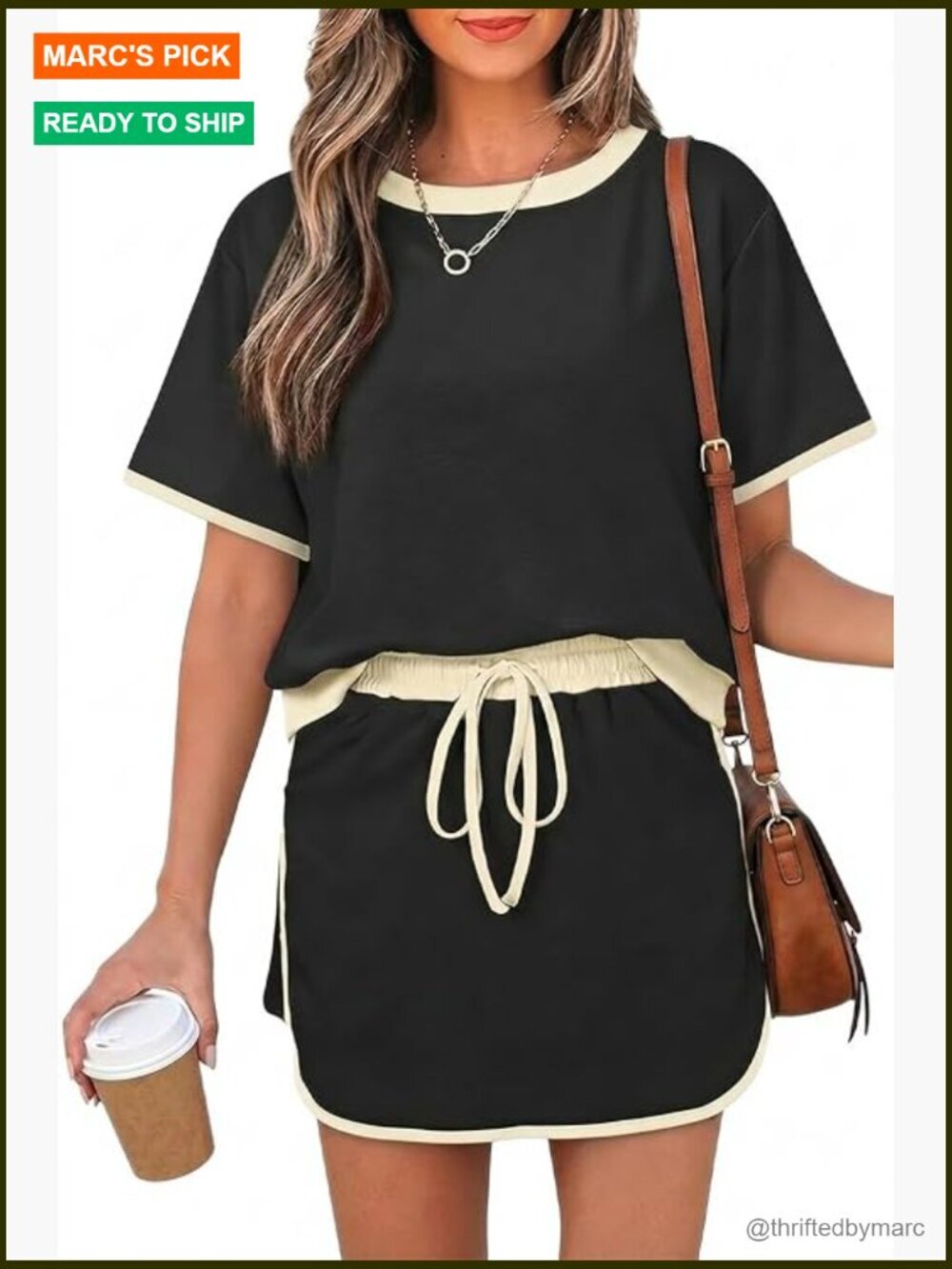 Women's 2 Piece Skort Set Loose Fit Short Sleeve Top Drawstring Waist Casual